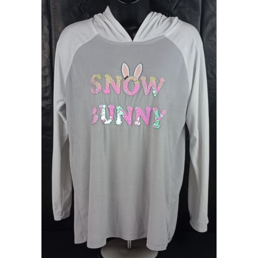 Justice Womens XL Gray White Pink Sequin Snow Bunny Thin Fleece Hoodie Shirt